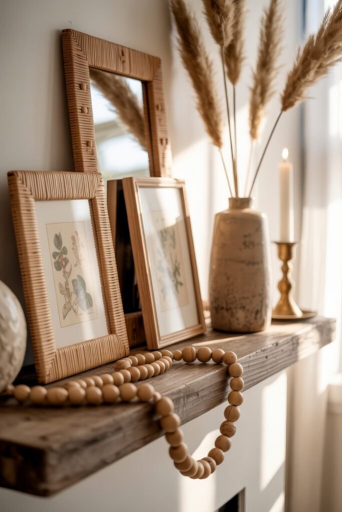Summer Mantel Decor Tips (Even If You Don’t Have a Fireplace) 17 Rustic wood mantel with botanical prints, a tall vase with pampas grass, brass candle holders, and a wooden bead garland.
