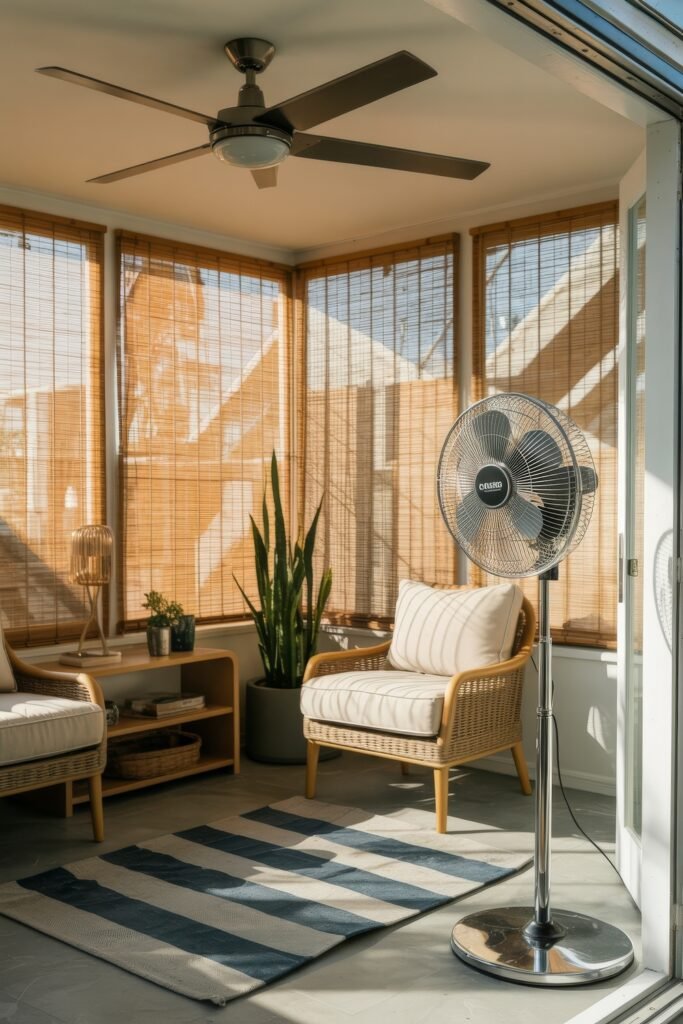 Bright Summer Sunroom Ideas: Airy Decor for Sunny Days 18 Minimalist summer sunroom with rattan chairs, striped rug, potted snake plant, bamboo blinds, and a standing fan for a cool, breezy atmosphere.
