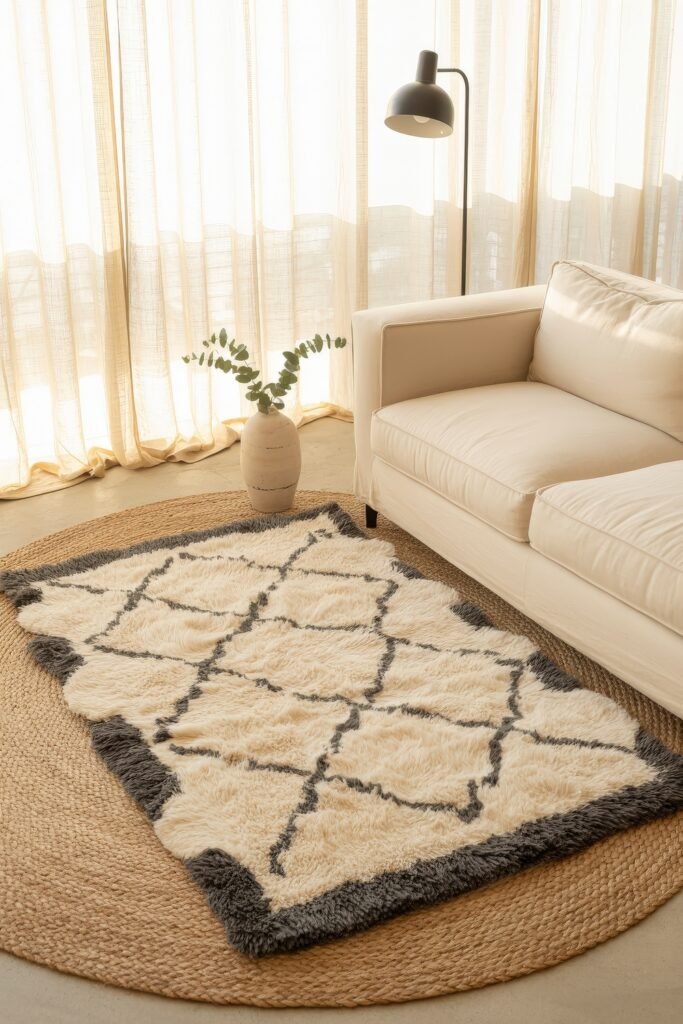Indoor Sunroom Furniture Ideas for Cozy Winters & Breezy Summers 17 Cream sofa with geometric rug and floor lamp in a softly sunlit sunroom & four-season room.