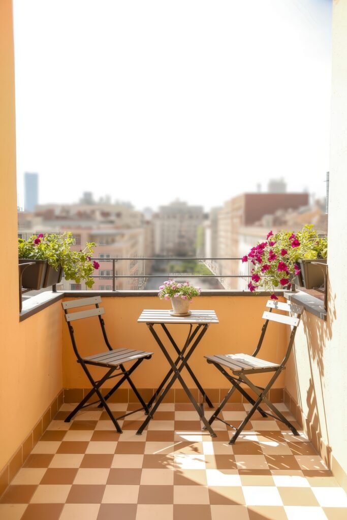 Stylish Rooftop and Terrace Garden Design 22 Sunny balcony with a checkered floor, bistro table and two chairs, and bright petunias lining the railing, ideal for simple Balcony & Terrace Gardening.