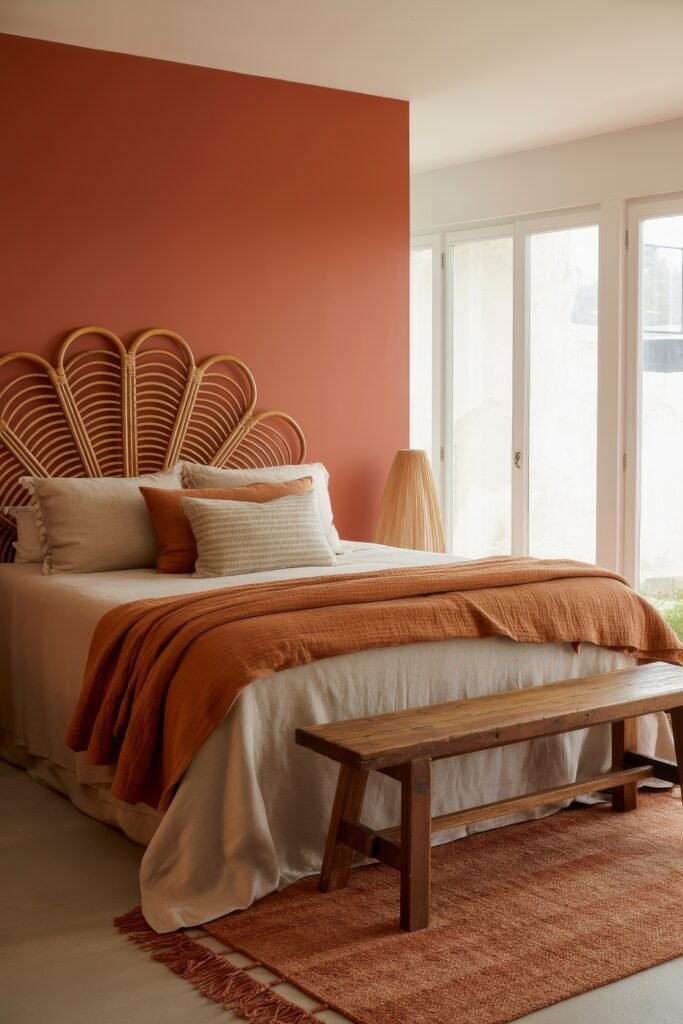 Terracotta Bedroom Ideas: Genius Ways to Glow 16 Boho-inspired bedroom featuring a fan-shaped rattan headboard, terracotta accent wall, layered neutral and rust bedding, and a wooden bench on a woven rug.