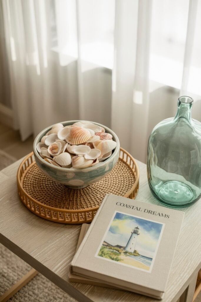 Coastal Summer Vibes for City Apartments 23 Coastal vignette with a seashell-filled bowl, rattan tray, and a book titled “Coastal Dreams,” reflecting summer décor inspiration.