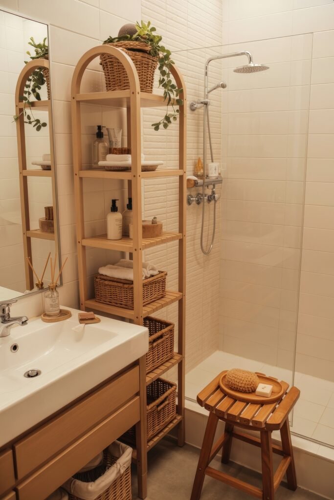 Cream Bathroom Ideas: Genius Ways to Warm Up Your Space 19 Compact shower bathroom featuring a light wood shelving unit filled with baskets and care items, a small wooden stool with soap, and white tile walls for a clean and natural look.