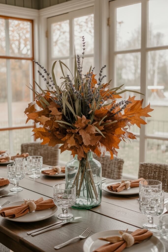 Cozy Fall Sunroom Ideas: Autumn Decor for a Warm Retreat 18 Fall-inspired dining table in a sunroom with a large glass vase centerpiece filled with autumn leaves and dried lavender.
