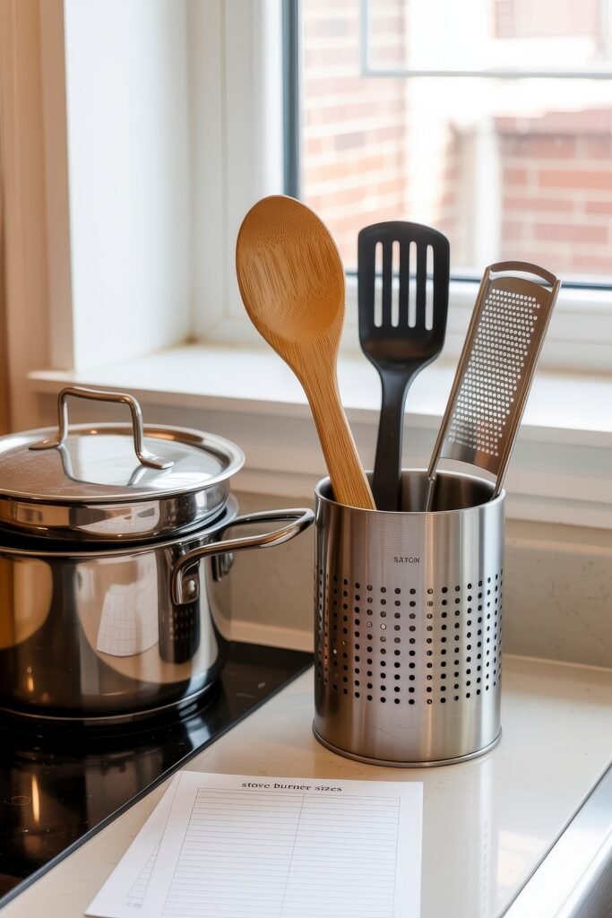 First Apartment Checklist: Essential Tips You’ll Love 18 Stainless steel utensil holder by the kitchen window containing a wooden spoon, slotted spatula, and grater, placed beside a stockpot and a note labeled “stove burner sizes”—showing practical First Apartment Planning attention to detail.