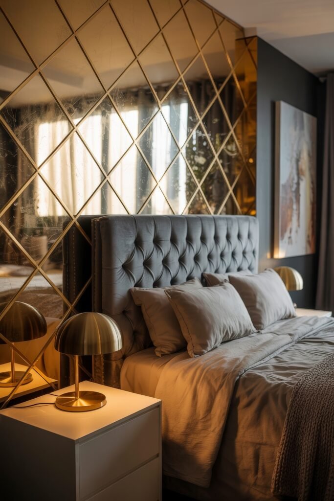 Glam Bedroom Décor: Essential Tips for Luxe Sleep 17 Glam Bedroom Décor scene with a grid-patterned mirrored gold wall, tufted charcoal headboard, golden dome lamps, and soft bedding for a luxurious nighttime retreat.