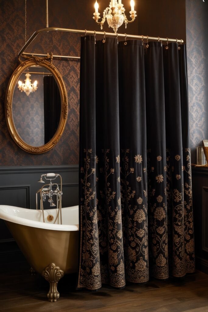 Gothic Bathroom Ideas: Genius Touches for Moody Glam 21 Luxurious clawfoot bathtub with gold finish and a black velvet shower curtain embroidered with golden floral patterns, set beneath a chandelier and framed by an ornate mirror, ideal for Gothic Bathroom Ideas.