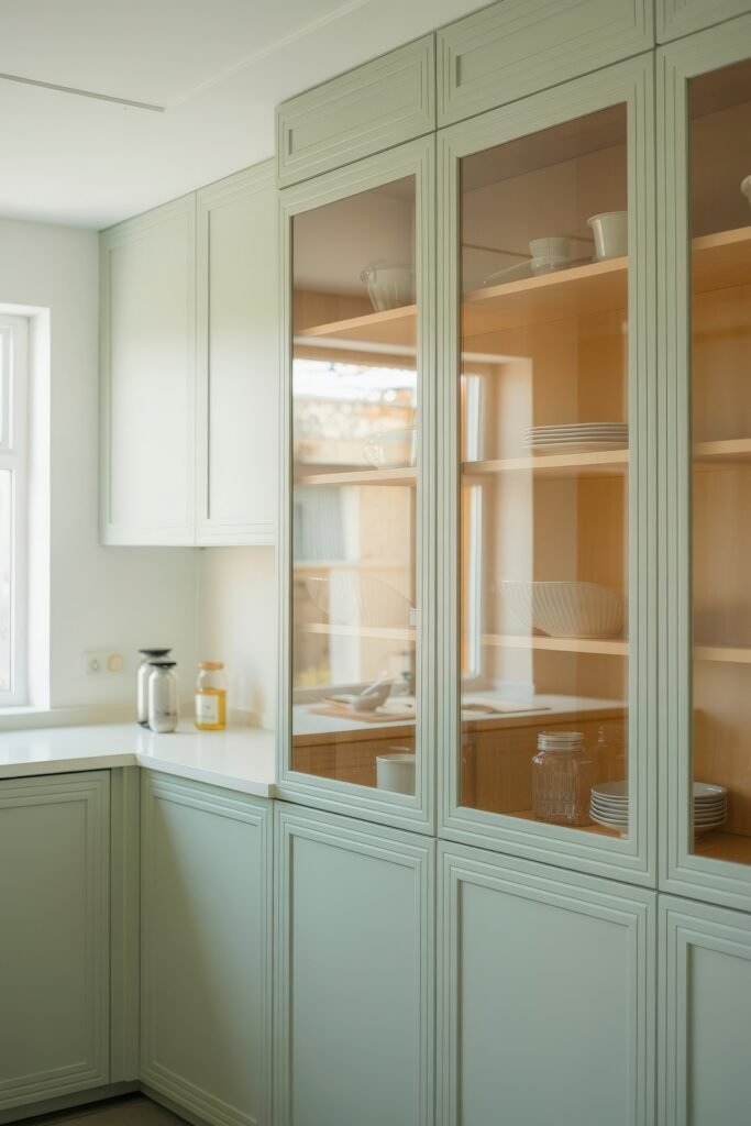 Green Kitchen Cabinets: Stylish Ways to Elevate Style 20 Bright kitchen corner with pale green cabinetry and tall glass-front cabinets showcasing neatly arranged dishware, set beside a window that fills the space with natural light.