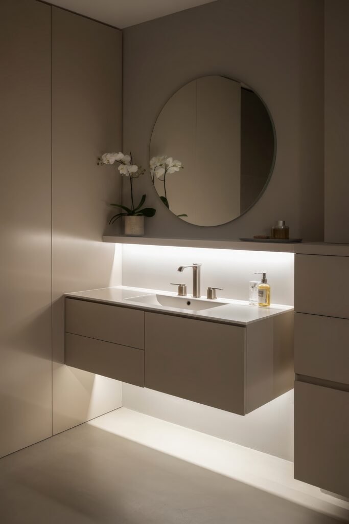 Neutral Bathroom Ideas: Genius Spa-Like Upgrades 20 Softly lit modern vanity with clean-lined beige cabinetry, integrated white sink, stainless steel fixtures, and backlit round mirror complemented by a potted orchid, evoking a tranquil, neutral space.