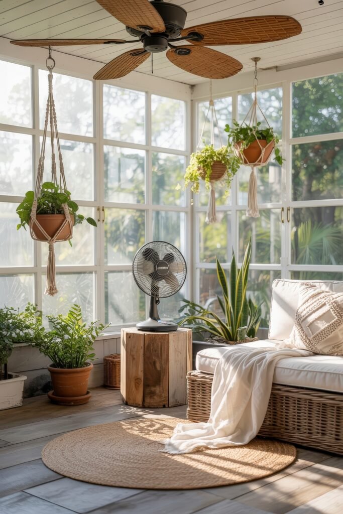 Bright Summer Sunroom Ideas: Airy Decor for Sunny Days 19 Boho-inspired sunroom with hanging plants, wicker seating, tropical greenery, wood stump table, and a table fan under a ceiling fan.
