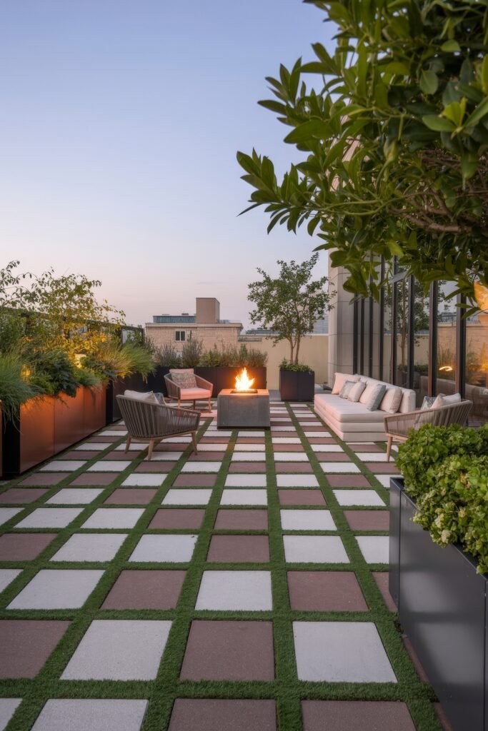 Stylish Rooftop and Terrace Garden Design 23 Rooftop patio with a central fire pit, checkered stone and grass flooring, and modern outdoor seating amid dense planter boxes, blending warmth with sleek terrace garden ideas.