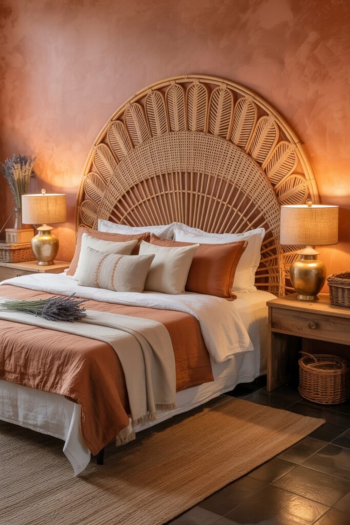 Terracotta Bedroom Ideas: Genius Ways to Glow 17 Stylish terracotta-walled bedroom with a bold rattan headboard, layers of white and rust-colored bedding, golden lamps, and dried lavender bundles, creating a cozy, Bohemian & Earth-Toned Bedrooms vibe.