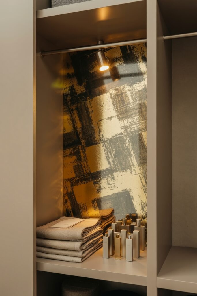 Glam Bedroom Décor: Essential Tips for Luxe Sleep 18 Built-in closet section with soft beige shelving, ambient spotlighting, and a gold textured backdrop, neatly displaying towels and elegant fragrance bottles.