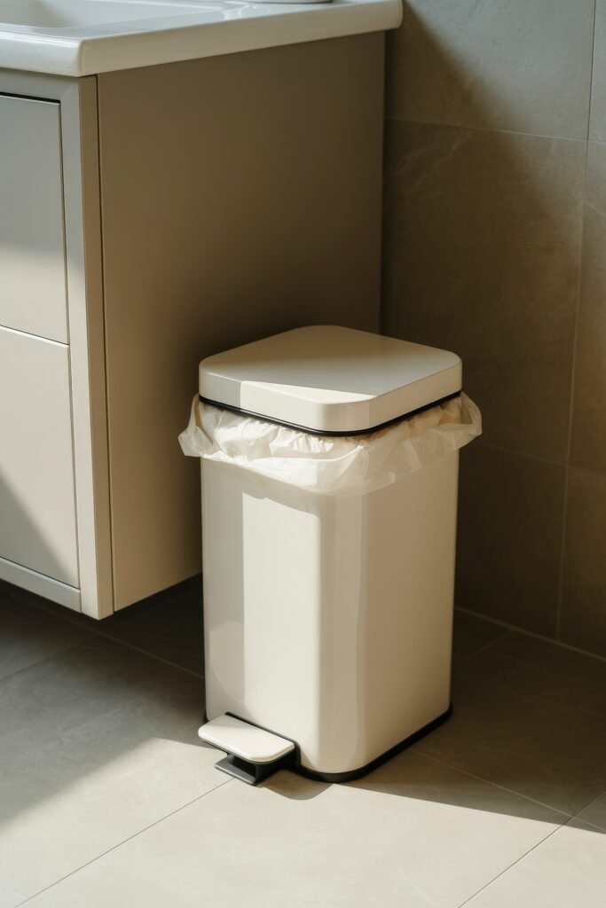 Bathroom Essentials for First Apartment: Genius Must-Haves 18 Cream-colored step trash can with a lined interior placed beside a bathroom vanity, offering a hygienic waste solution in a minimalist setup.
