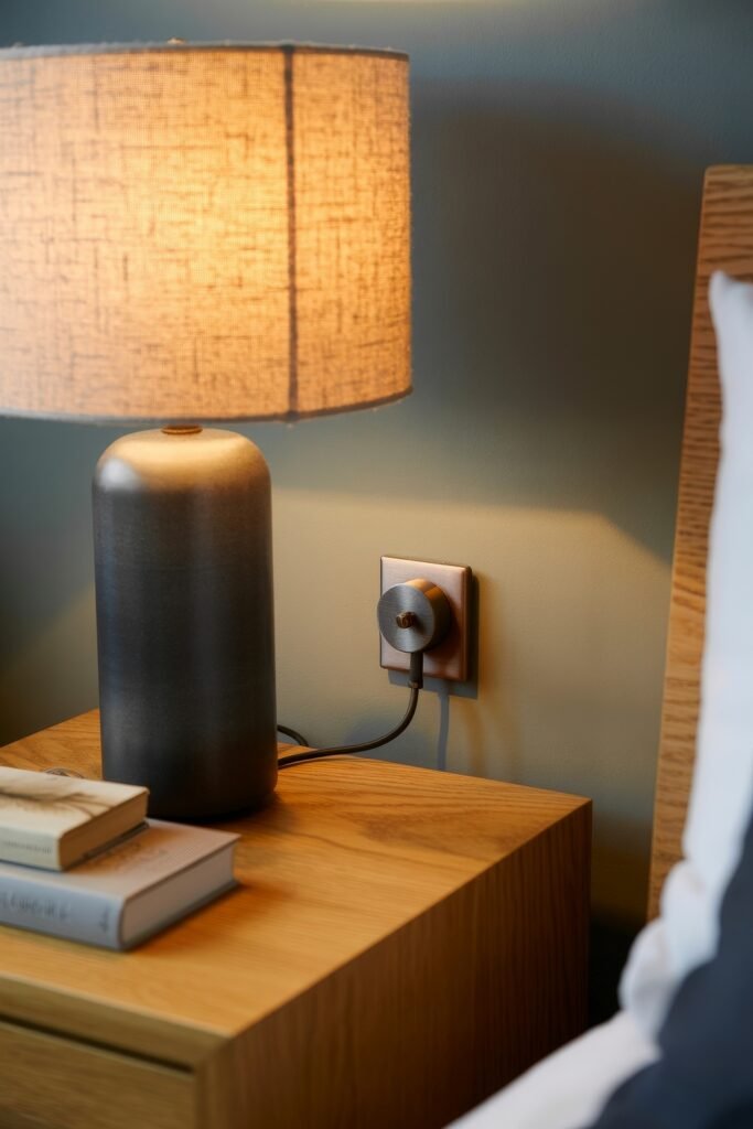 Bedroom Essentials for Your First Apartment: 12 Genius Must-Haves 16 A glowing bedside lamp with a fabric shade sitting on a wooden nightstand beside stacked books, plugged into a modern wall socket—offering warm lighting as a must-have bedroom essential for first apartment.