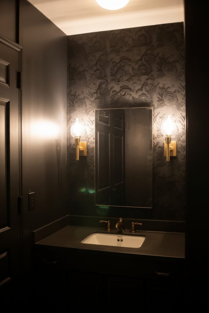 Black Bathroom Ideas: Genius Ways to Create Moody Glam 16 Dramatic bathroom with intricate matte black damask wallpaper, golden wall sconces, and a simple vanity, achieving a richly textured and moody atmosphere.