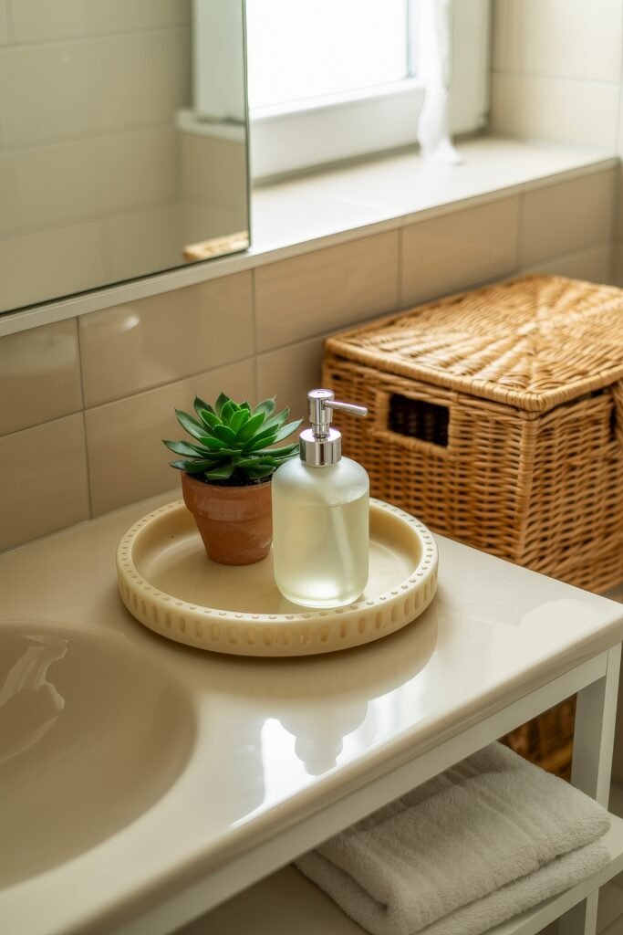 Cream Bathroom Ideas: Genius Ways to Warm Up Your Space 20 Close-up of a bathroom counter with a small potted succulent and frosted soap dispenser on a round cream tray, with a wicker laundry basket in the background, evoking a Neutral & White Bathroom Themes aesthetic.
