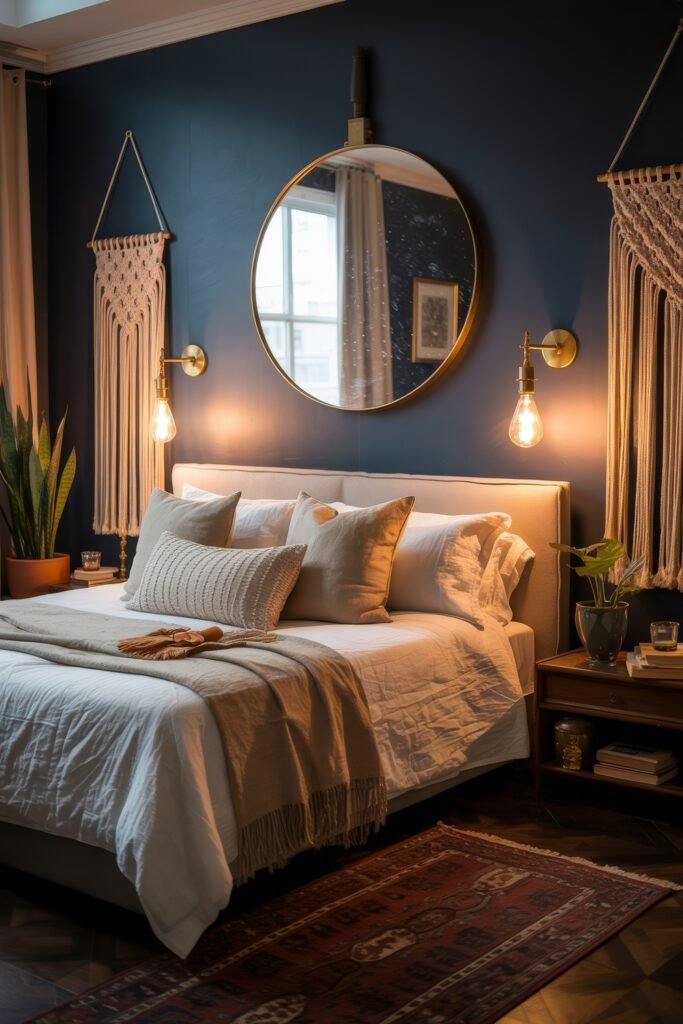Dark Boho Bedroom Ideas: Unexpected Tricks for Cozy Drama 18 Boho-chic bedroom with a round mirror over the bed, navy blue walls, brass sconces, neutral bedding, and hanging macrame art creating a warm, stylish space.