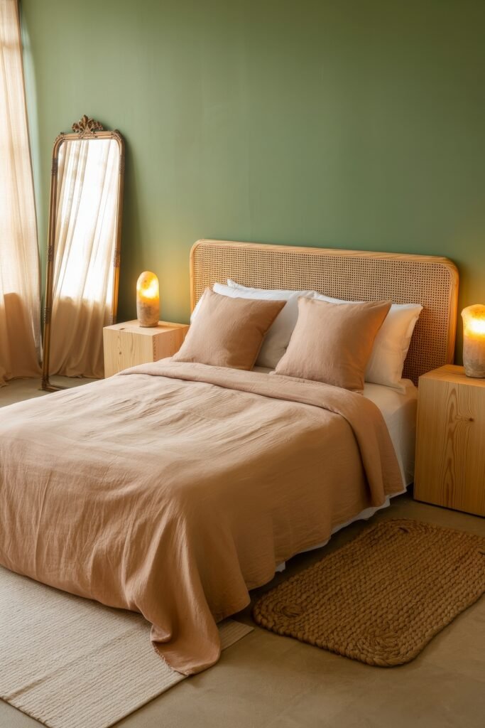 Earthy Bedroom Ideas: 12 Essential Ways to Elevate Your Space 18 Intimate Earthy Bedroom Idea with rattan headboard, peach bedding, soft warm lighting, and a green accent wall paired with tall wood nightstands and stone lamps.