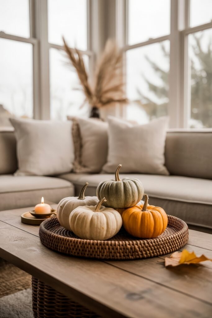 Cozy Fall Sunroom Ideas: Autumn Decor for a Warm Retreat 19 Cozy sunroom with a neutral sectional, a woven tray of small pumpkins, and a softly glowing candle on the coffee table.