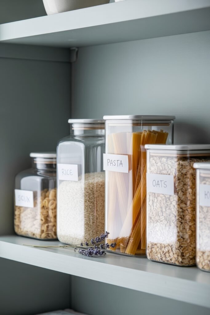 First Apartment Checklist: Essential Tips You’ll Love 19 Kitchen shelf with labeled clear containers holding dry goods like pasta, rice, oats, and cereal—showing smart pantry organization for First Apartment Planning.