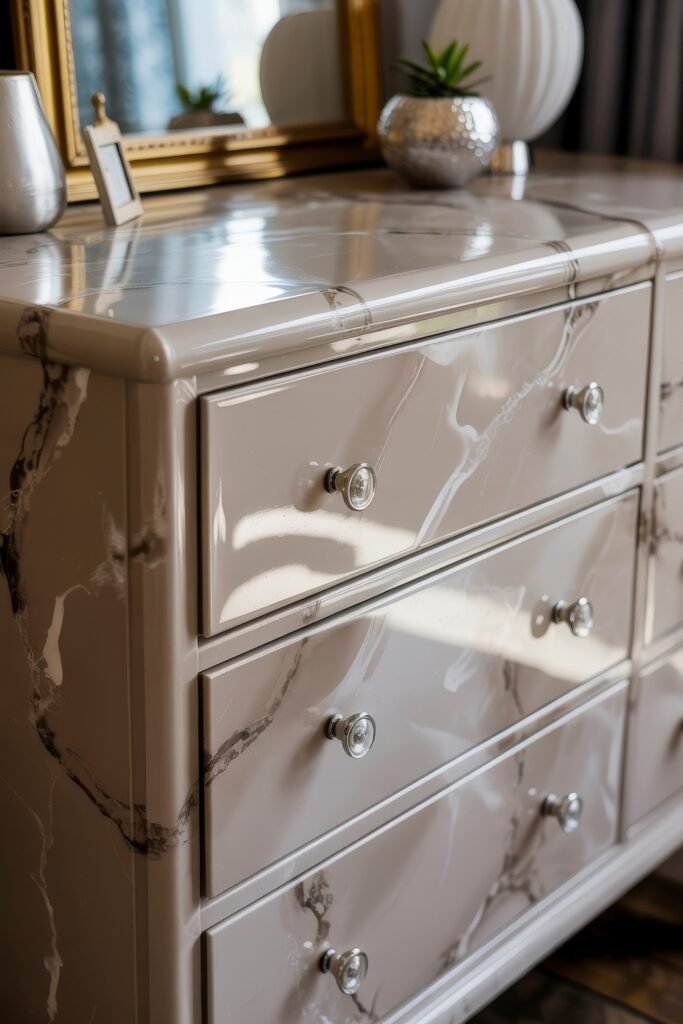 Glam Bedroom Décor: Essential Tips for Luxe Sleep 19 Chic dresser with a glossy marble-effect finish and crystal drawer knobs, topped with metallic decor and framed by a gold mirror for a glamorous touch.