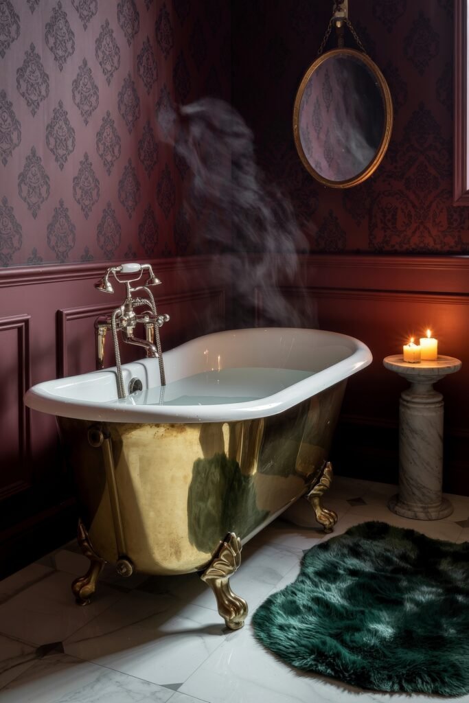 Gothic Bathroom Ideas: Genius Touches for Moody Glam 22 Steaming gold clawfoot tub surrounded by burgundy damask wallpaper, marble pedestal with candles, and a fur rug, crafting an opulent and moody Gothic Bathroom Ideas setting.