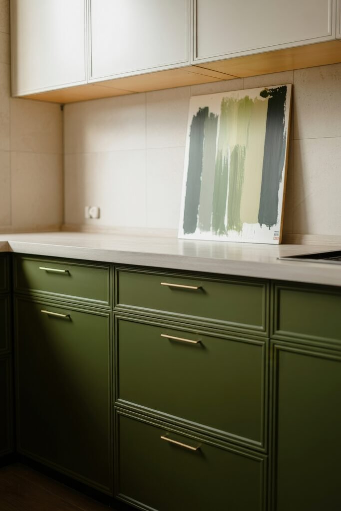 Green Kitchen Cabinets: Stylish Ways to Elevate Style 21 Modern kitchen with dark olive green lower cabinets and sleek brass handles, featuring a paint swatch board with green shades leaning against a light tiled wall.