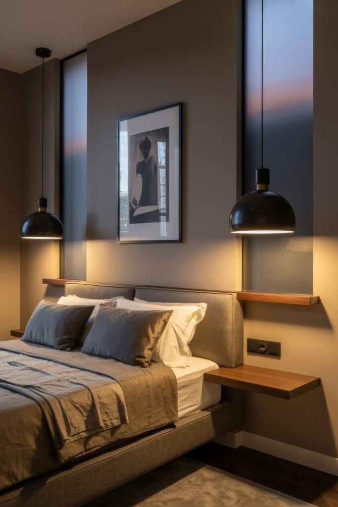 Masculine Luxury Bedroom: Genius Luxe Ideas 23 Contemporary room with warm taupe walls, a light gray upholstered bed, sleek wooden floating nightstands, and soft pendant lighting flanking a black and white portrait.