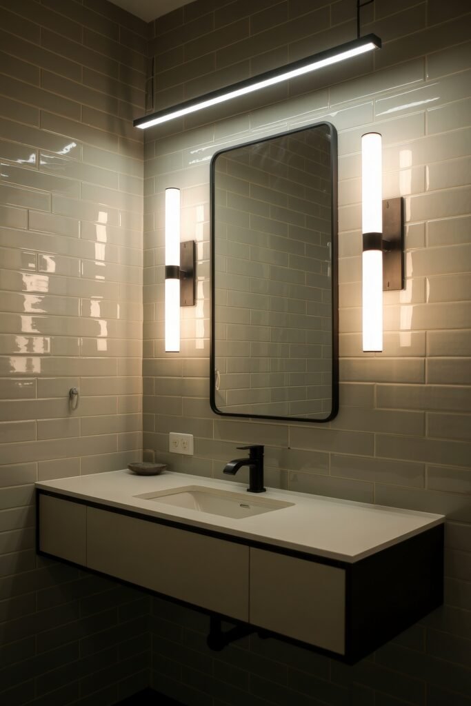 Neutral Bathroom Ideas: Genius Spa-Like Upgrades 21 Sleek modern bathroom with glossy taupe subway tiles, a floating white vanity, matte black faucet, and vertical LED sconces flanking a rounded rectangular mirror, reflecting a clean Neutral Bathroom Idea.
