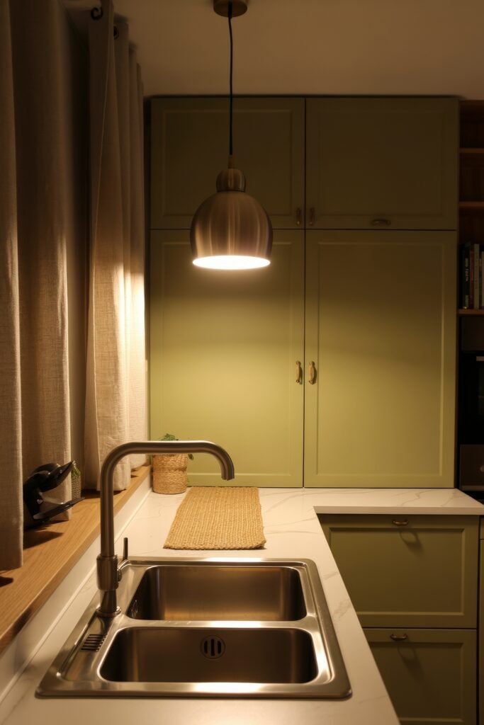 Sage Green Kitchen Bliss: Inspiring Ideas 18 Evening-lit Green-Themed Kitchen with a double stainless steel sink, woven runner, and spotlight pendant illuminating matte green cabinetry.