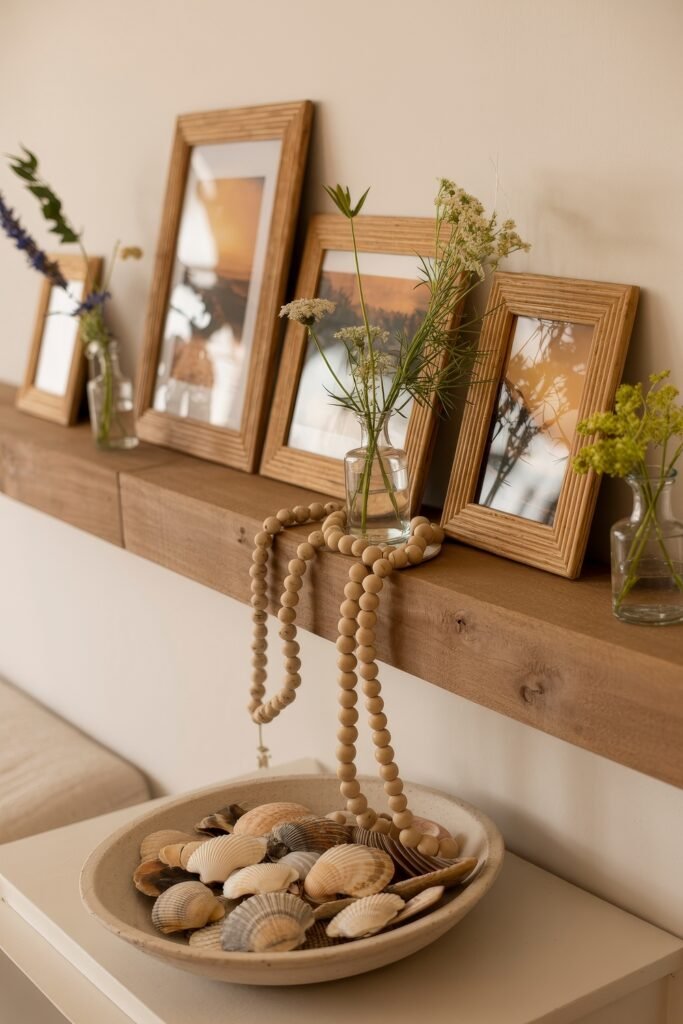 Summer Mantel Decor Tips (Even If You Don’t Have a Fireplace) 18 Wooden mantel with framed coastal photos, glass vases with wildflowers, wooden bead garland, and a bowl of seashells for a summer mantel decor look.