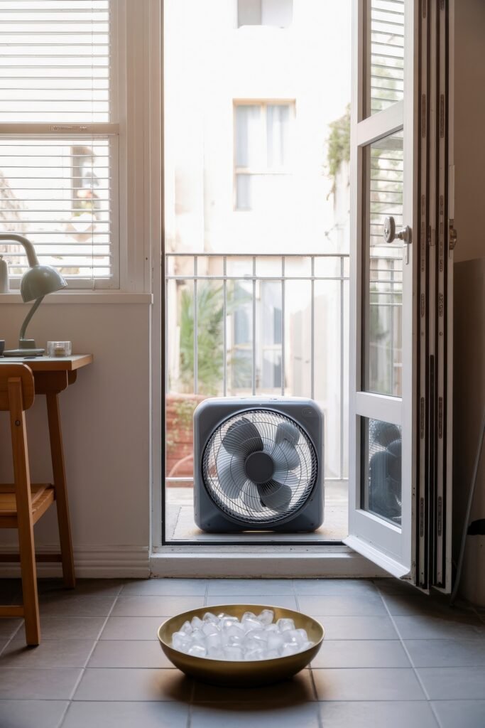 Bright Summer Sunroom Ideas: Airy Decor for Sunny Days 20 Small balcony setup with a box fan at the doorway, a desk lamp, and a bowl of ice on the floor to cool the summer air.