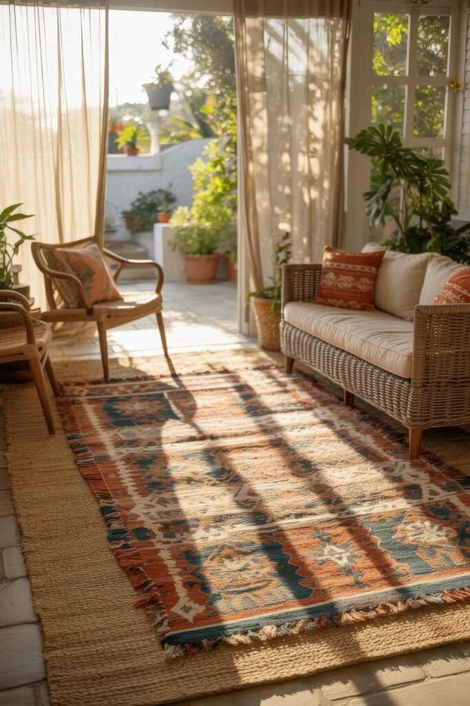 Indoor Sunroom Furniture Ideas for Cozy Winters & Breezy Summers 18 Boho sunroom with a wicker sofa, patterned rug, and potted plants bathed in sunlight.