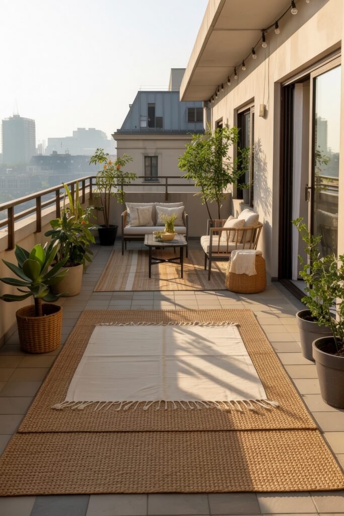 Stylish Rooftop and Terrace Garden Design 24 Long urban balcony with layered outdoor rugs, potted plants, and relaxed seating under string lights, a serene setting for Balcony & Terrace Gardening.