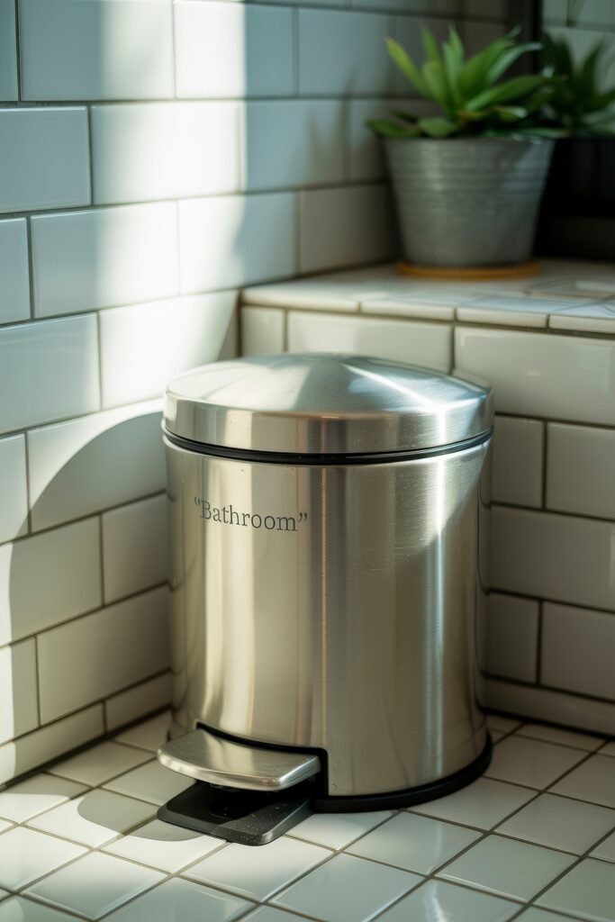 Bathroom Essentials for First Apartment: Genius Must-Haves 19 Stainless steel pedal bin labeled "Bathroom" placed on white tile, paired with a small potted plant, ideal for keeping waste discreetly tucked away.