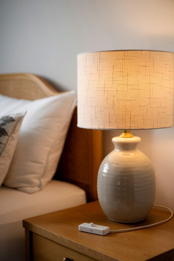 Bedroom Essentials for Your First Apartment: 12 Genius Must-Haves 17 Ceramic table lamp with a textured beige lampshade on a wooden nightstand beside a cozy bed, offering soft ambient lighting—perfect for bedroom essentials for first apartment.