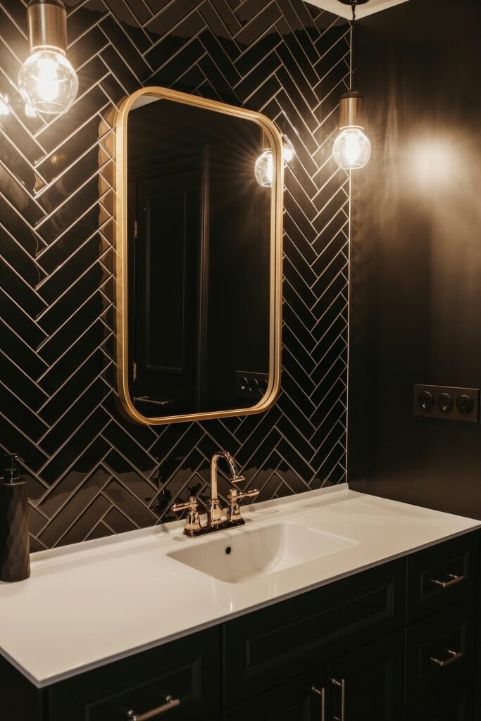 Black Bathroom Ideas: Genius Ways to Create Moody Glam 17 White vanity with a gold-framed mirror and glossy black herringbone tile wall, complemented by modern glass pendant lights, showcasing a bold take on Black Bathroom Ideas.