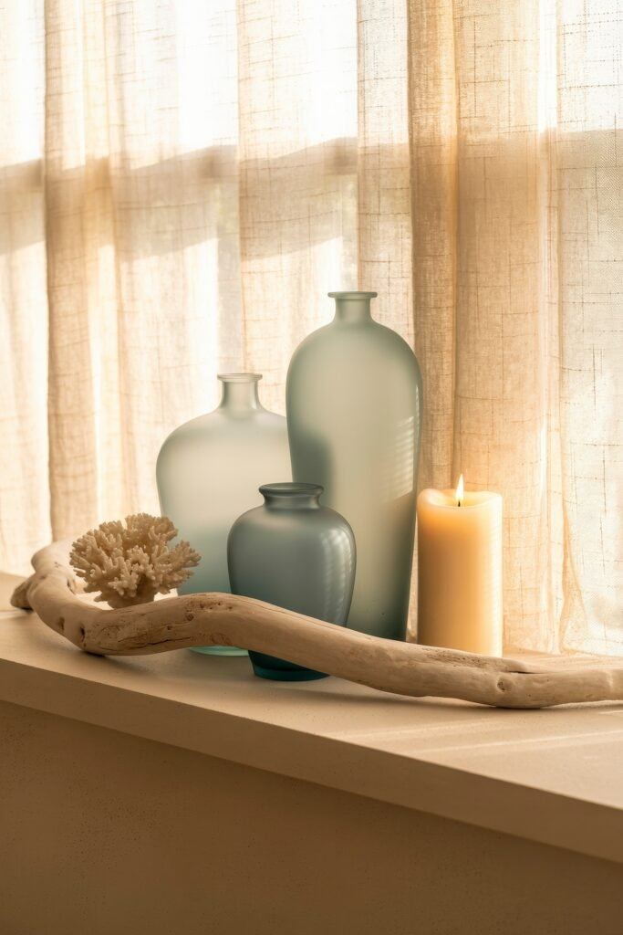 Coastal Summer Vibes for City Apartments 25 Sea glass vases, driftwood, a candle, and coral arranged on a windowsill, adding a soft summer décor touch.