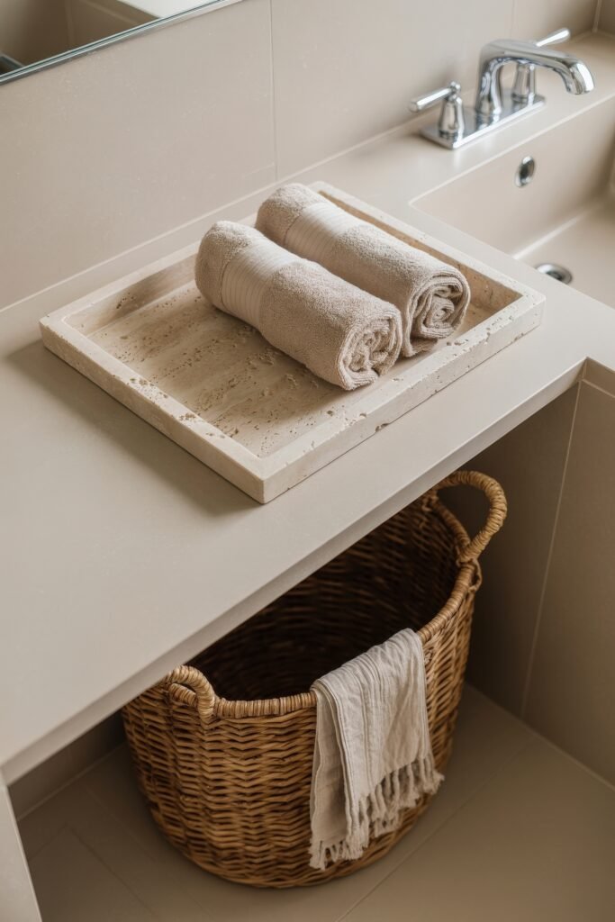 Cream Bathroom Ideas: Genius Ways to Warm Up Your Space 21 Minimalist bathroom countertop with a travertine tray holding two rolled beige towels, and a woven basket with a cloth underneath, complementing a Neutral & White Bathroom Themes setting.