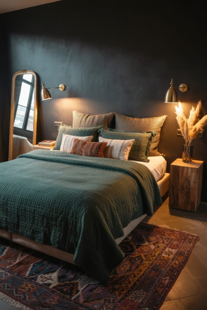 Dark Boho Bedroom Ideas: Unexpected Tricks for Cozy Drama 19 Dark Boho Bedroom with a deep green quilted bedspread, textured pillows, metallic sconces, a large mirror, pampas grass in a vase, and a patterned rug on dark flooring.