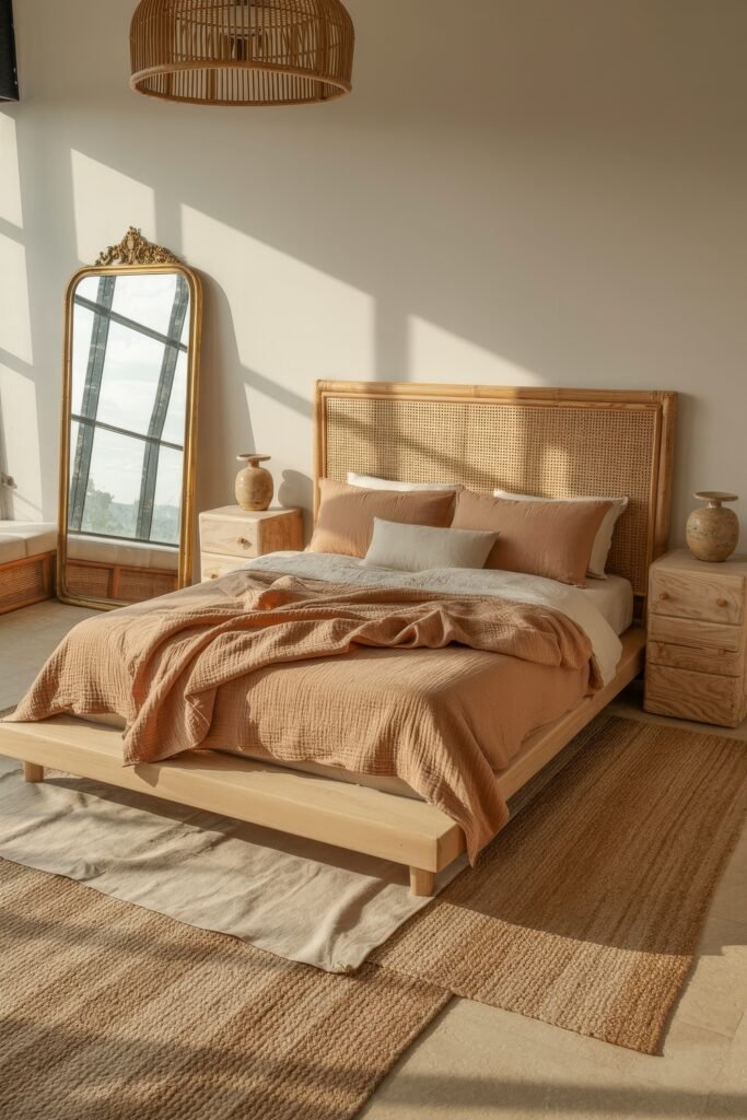 Earthy Bedroom Ideas: 12 Essential Ways to Elevate Your Space 19 Sun-drenched bedroom with cane headboard, textured bedding in warm peach tones, earthy ceramics, and a large arched mirror reflecting natural light.