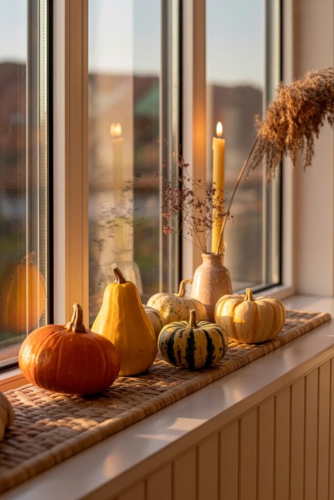 Cozy Fall Sunroom Ideas: Autumn Decor for a Warm Retreat 20 Collection of mini pumpkins and gourds arranged on a window ledge with candles and pampas grass in a sunlit fall sunroom.
