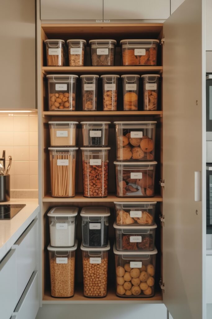 First Apartment Checklist: Essential Tips You’ll Love 20 Tall kitchen cabinet neatly filled with labeled plastic containers of snacks, grains, legumes, and pasta—an organized storage approach that fits a first apartment checklist.