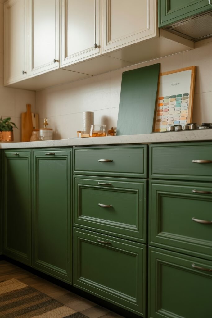 Green Kitchen Cabinets: Stylish Ways to Elevate Style 22 Cozy kitchen featuring classic green lower cabinets, light countertops, and white upper cabinets, styled with color samples and a drink glass for a warm, personalized touch.