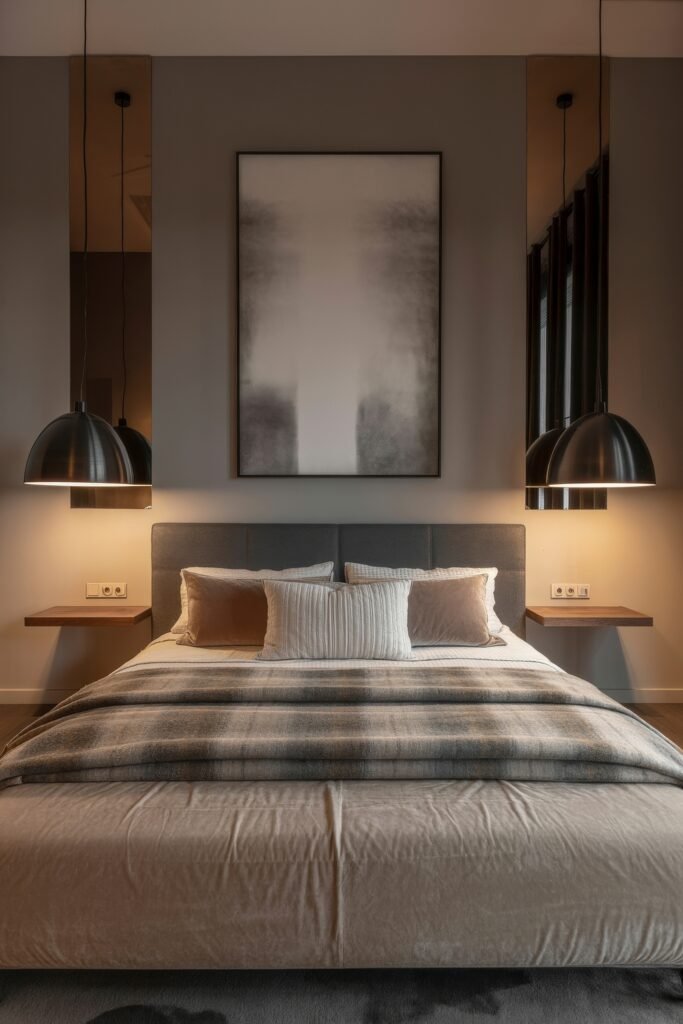 Masculine Luxury Bedroom: Genius Luxe Ideas 24 Balanced neutral bedroom with a gray headboard, layered tan and cream pillows, soft lighting from black dome pendants, and a faded gradient abstract painting above the bed.