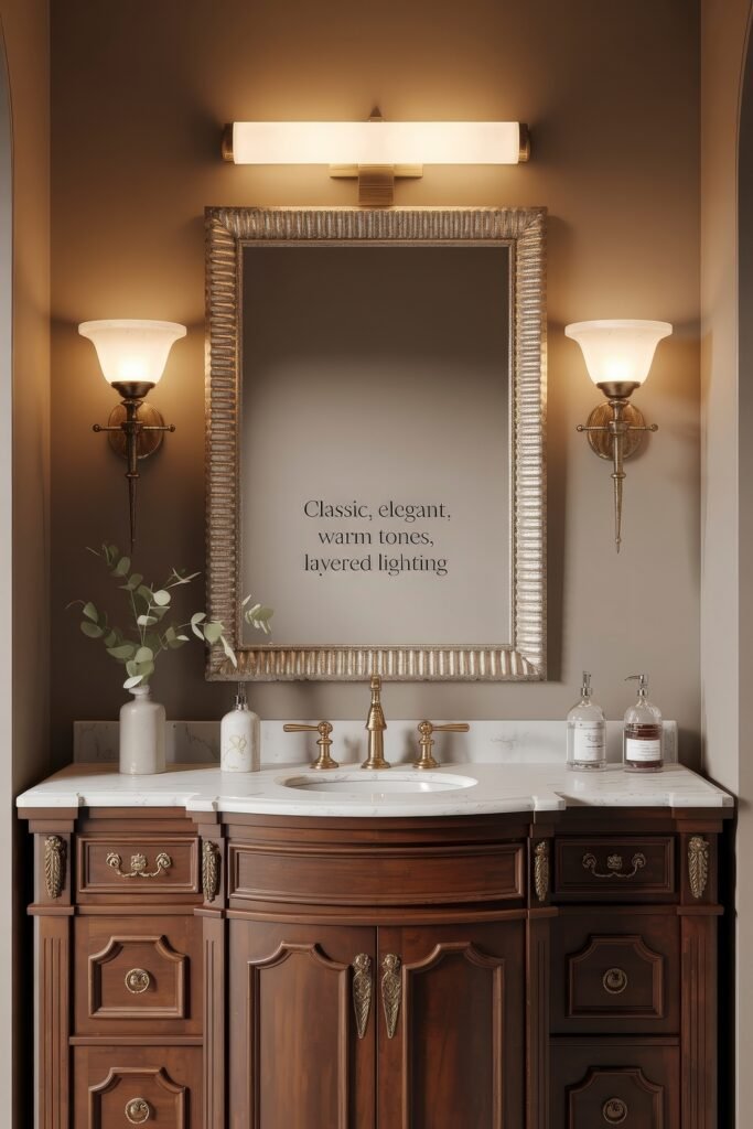 Neutral Bathroom Ideas: Genius Spa-Like Upgrades 22 Classic vanity design featuring ornate dark wood cabinetry, brass fixtures, a marble countertop, and a framed mirror with warm layered lighting, set against soft taupe walls with elegant sconces.