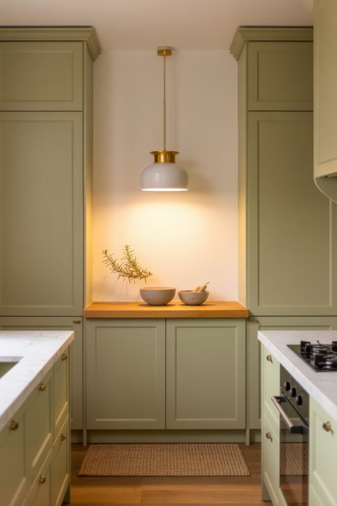 Sage Green Kitchen Bliss: Inspiring Ideas 19 Stylish kitchen nook framed by sage green cabinets and a brass-accented pendant light, featuring a small wooden countertop and decorative stone bowls.