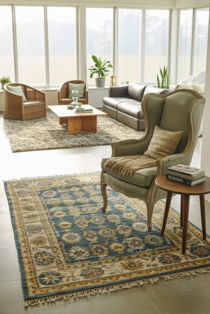 Indoor Sunroom Furniture Ideas for Cozy Winters & Breezy Summers 19 Bright four-season room with rattan chairs, a leather sofa, and layered rugs around a wood coffee table.