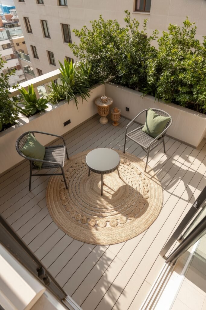 Stylish Rooftop and Terrace Garden Design 25 Small balcony oasis featuring a round woven rug, minimal seating, and lush green foliage in built-in planters, showcasing compact and stylish terrace garden ideas.